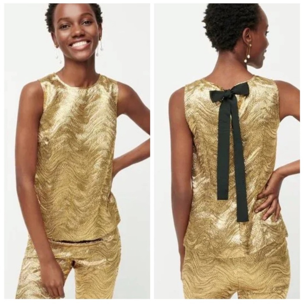 J. Crew Bow Back Top in Gold Metallic Leaf Jacquard